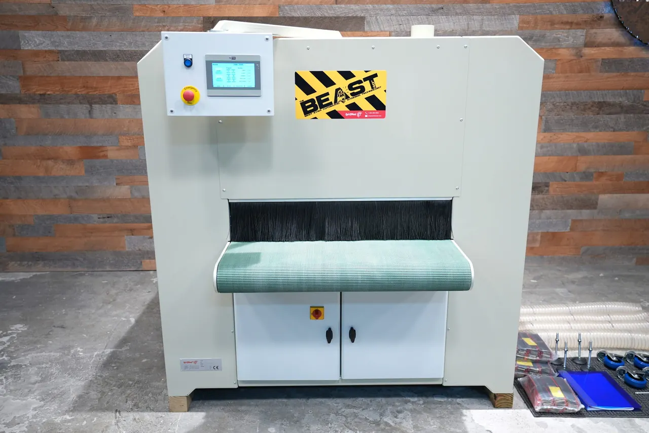 Front of the QuickWood CB1000 The Beast cup brush sander, with control panel on the upper left